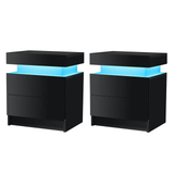 High Gloss LED Nightstand Set of 2  Bedside Table with 2 Drawers Modern Night Stand