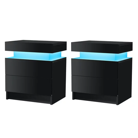 High Gloss LED Nightstand Set of 2  Bedside Table with 2 Drawers Modern Night Stand