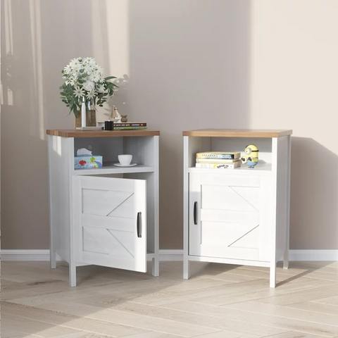 Farmhouse Nightstand with Storage Shelves, White Nightstand Set of 2