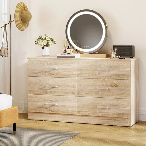 6 Drawer Oak Double Dresser,Wood Storage Cabinet