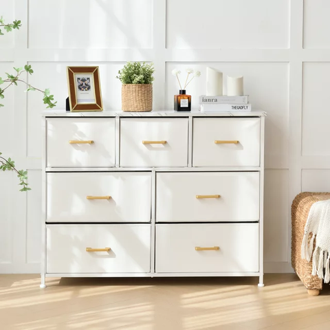 7 Drawer Fabric Dresser Accent White Dresser for Bedroom Chest Storage Organizer