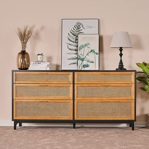Rattan Dresser with 6 Drawers for Living Room, Entryway, Hallway, Black