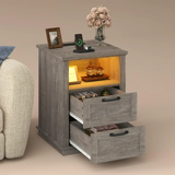 Nightstand with Charging Station, LED Bedside Table with Open Shelf