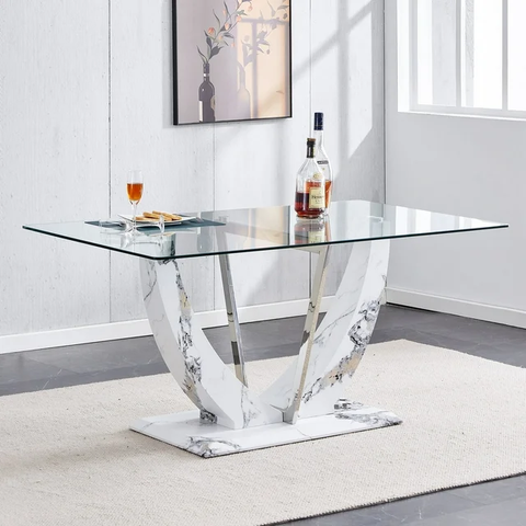 Glass Dining Table 71" Modern Kitchen Dining Room Table with White Marble U-Shape Base