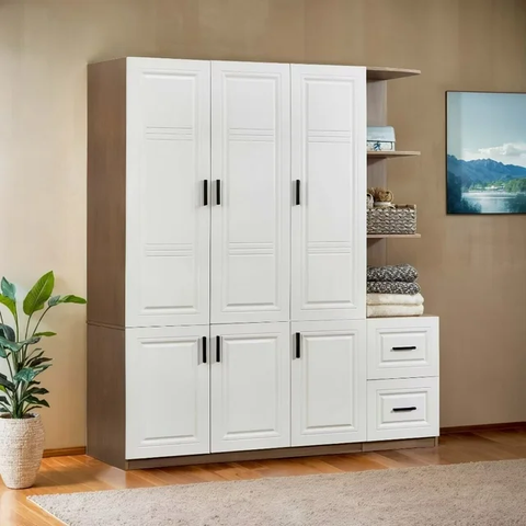 Armoire Wardrobe Closet Cabinet, 4-Door with 2 Drawers Wardrobe Closet Wood with Hanging Rod
