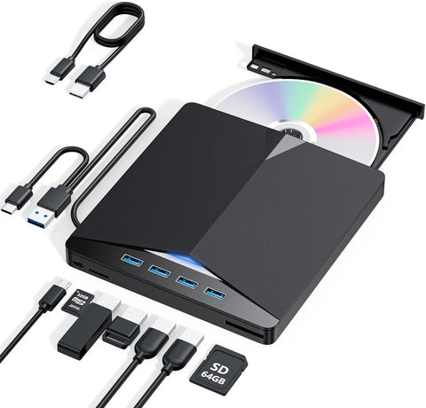 External CD/DVD Drive for Laptop, 7-in-1 DVD Player for Laptop USB 3.0 Portable Burner with SD/TF Card Reader & 4-Port USB Hub