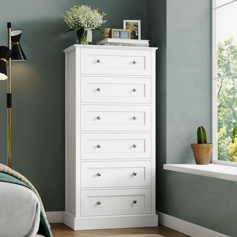 6 Drawer White Dresser, Tall Chest of Drawers Storage Cabinet