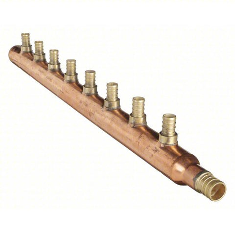 Manifold: Copper, 3/4 in Barb Inlet, 1/2 in Barb Outlets, 8 Outlets, 1 Inlets