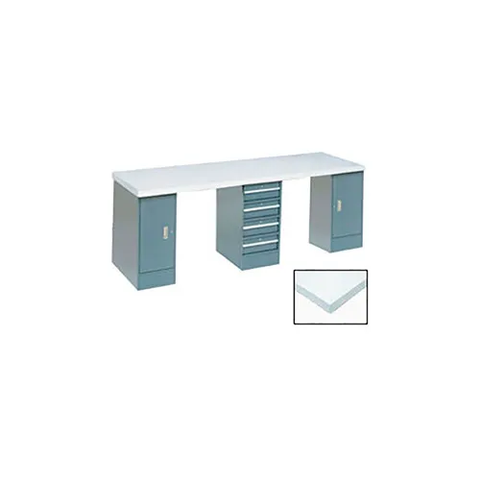 96x30 Production Workbench, Laminate Square Edge Top, 2 Cabinet, 4 Drawer GY