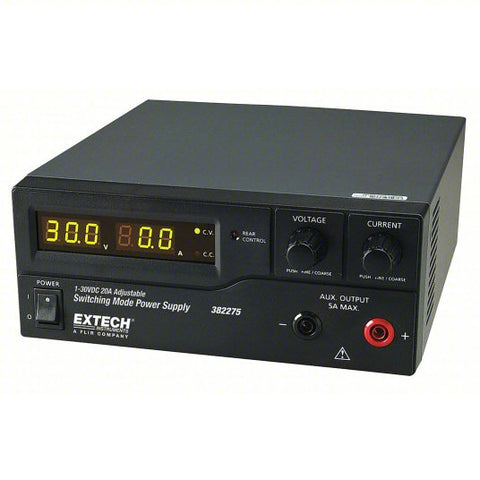 EXTECH DC Power Supply: 0 to 30V, 0 to 20 A, 120V AC, Less Than 5mVrms, 20mV, Digital