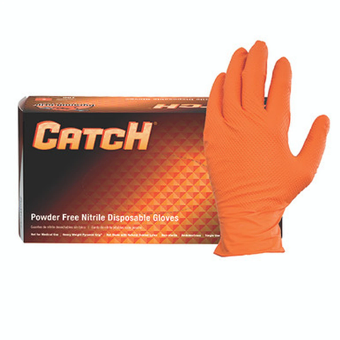 Catch Nitrile Powder Free Orange Gloves Textured 9 Mil, Raised Grip, Box of 100 (CAT455, CAT456, CAT458)