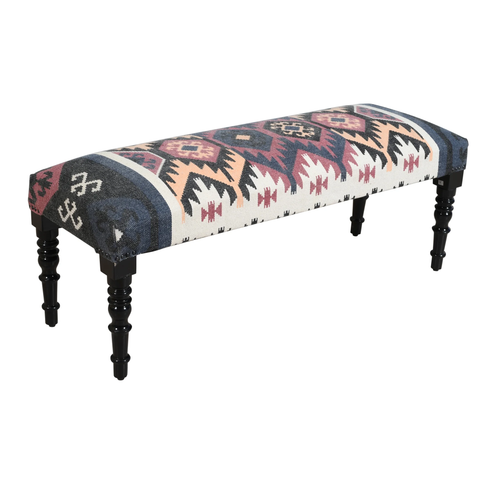 LR Home Kilim Upholstered Indoor Accent Bench, Blue/Beige