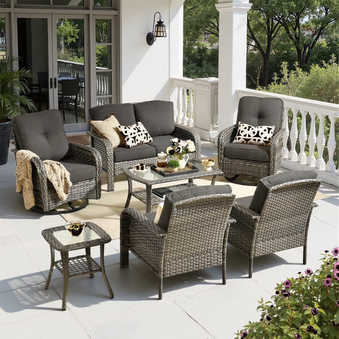 Toject Patio Furniture Set, 7 Pieces Outdoor Furniture Wicker Patio Conversation Set with Swivel Chairs, High Back Outdoor Chairs Loveseat for Backyard, Garden, Black
