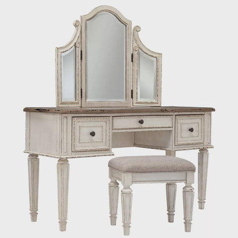 Set of 3 Realyn Vanity/Mirror/Stool Chipped White