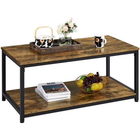 Industrial Rectangular Wood and Metal Coffee Table, Rustic Brown