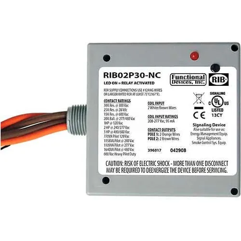 RIB® Enclosed Power Relay RIB02P30-NC, 30A, DPST, 208-277VAC, Normally Closed Contacts
