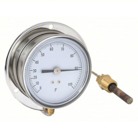 Analog Panel Mount Thermometer: 0° to 100°F, 3.5 in Dial Dia, 1/2 in MNPT with 5 ft Cable
