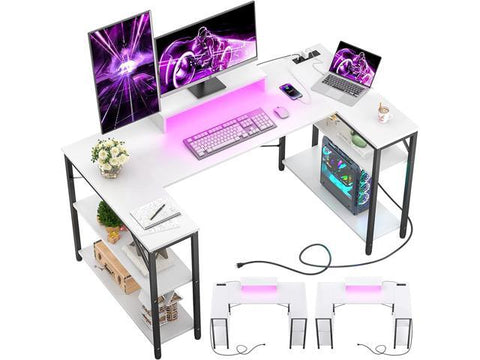 U Shaped Computer Desk with Power Strip & LED Strip & Monitor Stand, 60 Inch