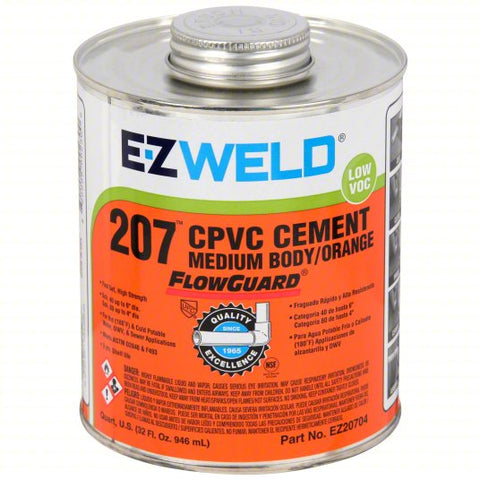 EZ WELD Pipe Cement: Enviro 207 CPVC Cement, 32 fl oz, Brush-Top Can, Orange