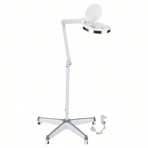 Round Magnifier Light: LED, 2.25x, 3 Diopter, 560 lm Max Brightness, 36 in Arm Reach, 6500K