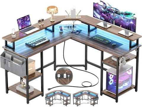 L Shaped Gaming Desk with Power Outlets & LED Lights