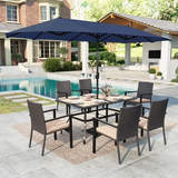 Summit Living Set of 8 Outdoor Patio Dining Set with 13 ft Patio Umbrella, 6 Wicker Chairs & Rectangular Wood-Like Table