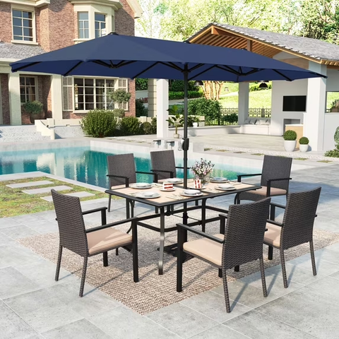 Summit Living Set of 8 Outdoor Patio Dining Set with 13 ft Patio Umbrella, 6 Wicker Chairs & Rectangular Wood-Like Table
