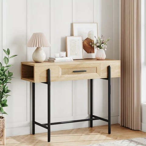 Garvee Rattan Console Table, Sofa Tables Narrow Entryway Table with Drawer and Storage