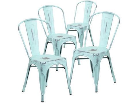 4 Pk. Distressed Dream Blue Metal Indoor Stackable Chair