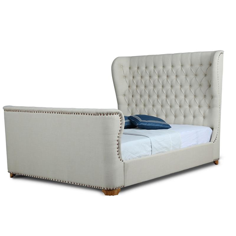 Ivory Linen Fabric Upholstered Sleek Modern Queen Size Sleigh Bed Frame