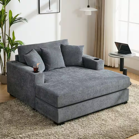 Blue-gray 55 in. Chenille Oversized Squre Arm Chaise Lounge with 3 Pillows