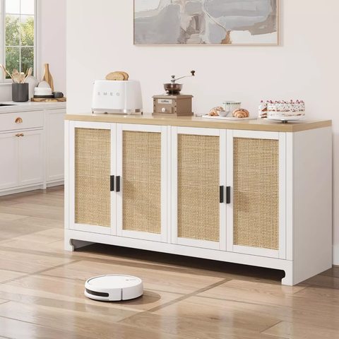 4-Door Rattan Storage Cabinet, Mid-Century Accent Console
