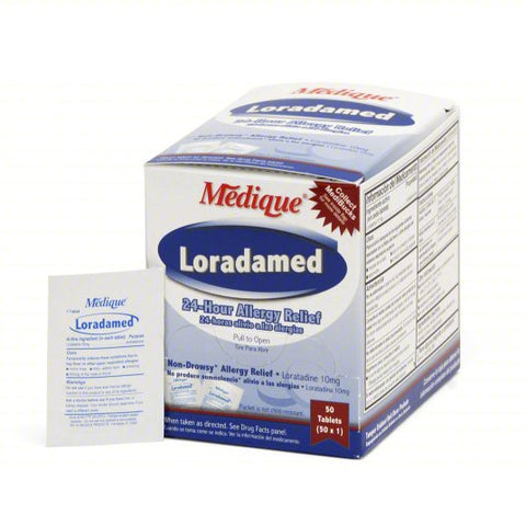 MEDIQUE Sinus and Allergy Reliever: Loratadine, 50 Individual Doses, Unflavored, Tablet, 50 PK