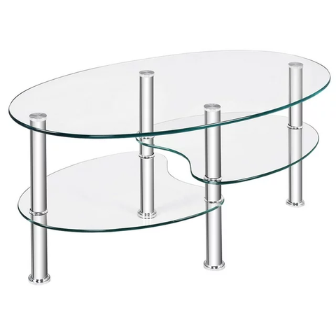 Tempered Glass Oval Side Coffee Table Shelf Chrome Base Living Room Clear