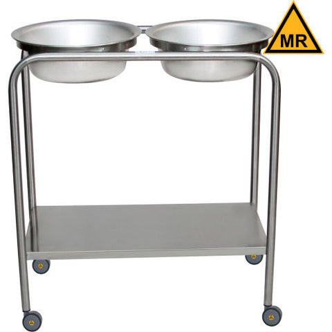 MRI Safe Double Basin Solution Stand w/ Shelf, Stainless Steel, 29"Wx15"Dx33"H, 8.5 Qt Cap.