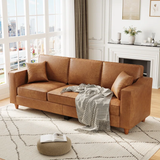 85" 3-Seater Sofa Couch with Faux Leather, Wide Armrests, Deep Seats, Wood Legs
