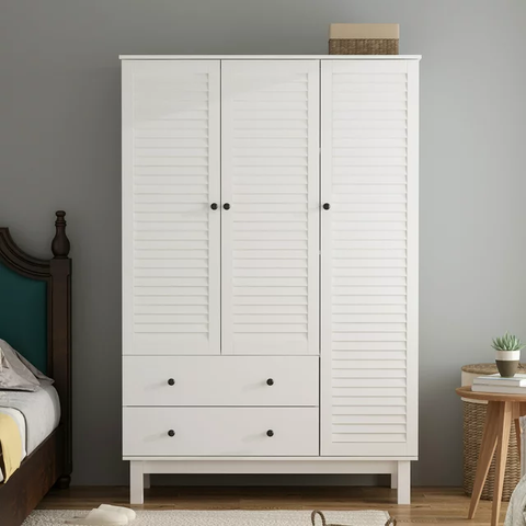 3-Door Wardrobe Armoire with 2 Drawers and Hanging Rod, Closet Storage Closet