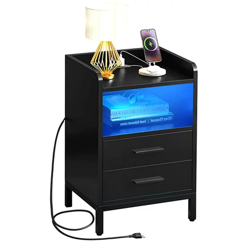 Side Table with Charging Station, 3-Drawer LED Light Bedside End Table Nightstand