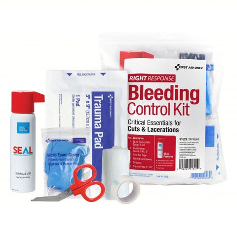 FIRST AID ONLY Bleeding Control Kit: Plastic Bag, 9 Components, (2) 5 in x 9 in Trauma Pads