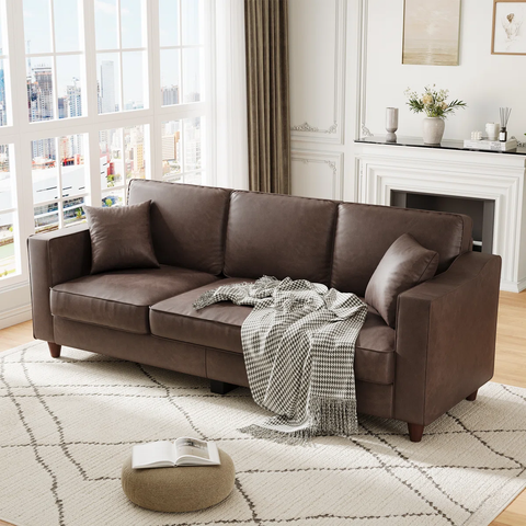 85" 3-Seater Sofa Couch with Faux Leather, Wide Armrests, Deep Seats, Wood Legs