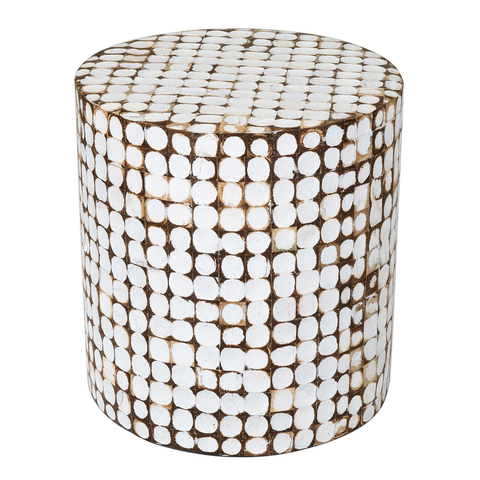 Distressed White Coconut Shell Round Accent Table