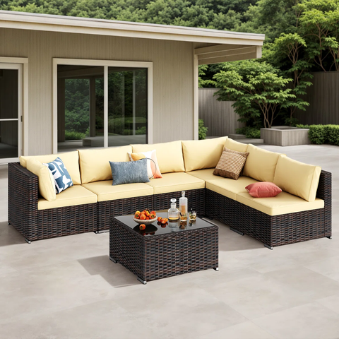 Silverts 7-Piece Outdoor Rattan Sectional Seating Set with Cushions and Slanted Backrest