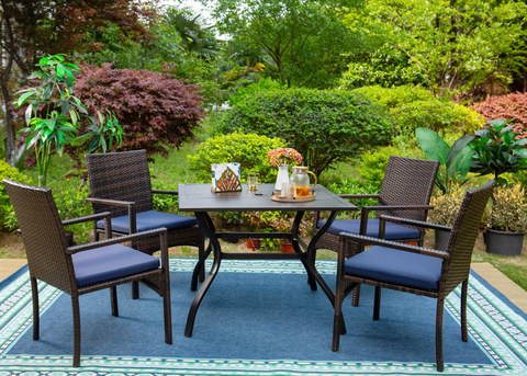 5-Piece Outdoor Patio Dining Set with Metal Square Dining Table and 4 Rattan Chairs for Outdoor, Yard