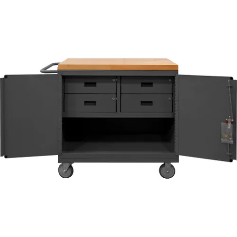 Durham Mfg.® Mobile Bench Cabinet with Maple Top, 1 Shelf, 4 Drawers, 42-1/8"W x 24-1/4"D, Gray