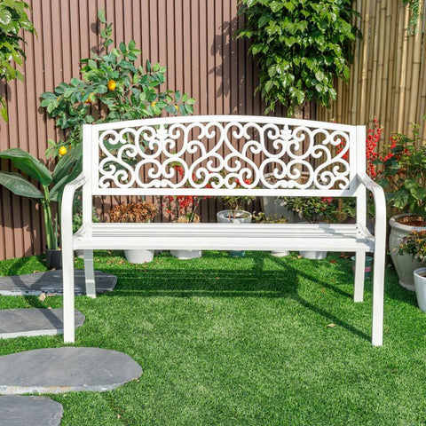 Hi-Line Gift Ltd. Harmony in White- Steel and Cast Iron Garden Bench for Outdoor Serenity