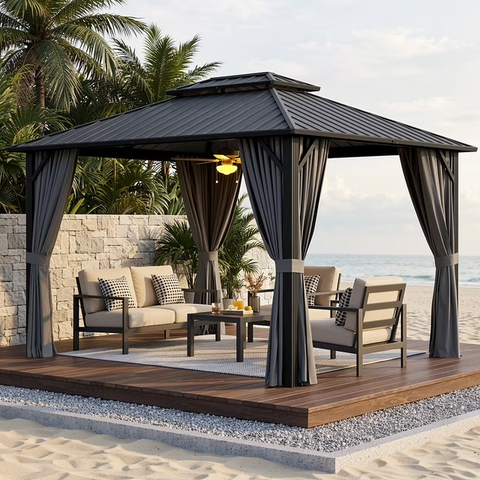 10x12ft Hardtop Gazebo with Double Galvanized Steel Roof, Noelse Outdoor Pavilion with Breathable Netting and Curtains for Patio Backyard (Dark Gray)