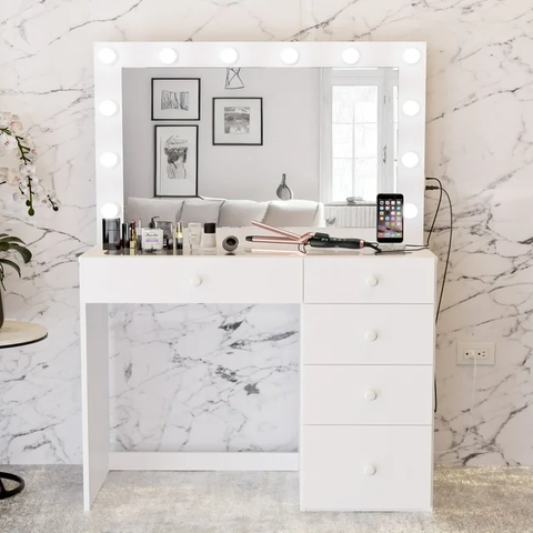 Vanity Desk with Mirror and Lights, Basic Knobs, 5 Drawers, White