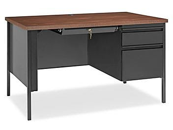 Single Pedestal Steel Desk - 48 x 30", Black Base, Walnut Top