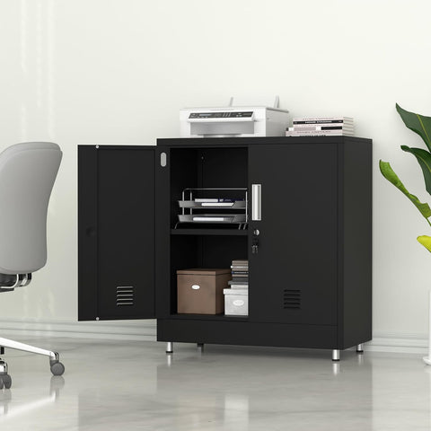 Metal Storage Cabinet with Locking Doors and Adjustable Shelf, Small Lockable Sideboard Buffet Cabinet (Black)