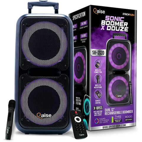 Qaise Portable Bluetooth Party Speaker, Dual 12” Woofers, 6000 W, X Douze